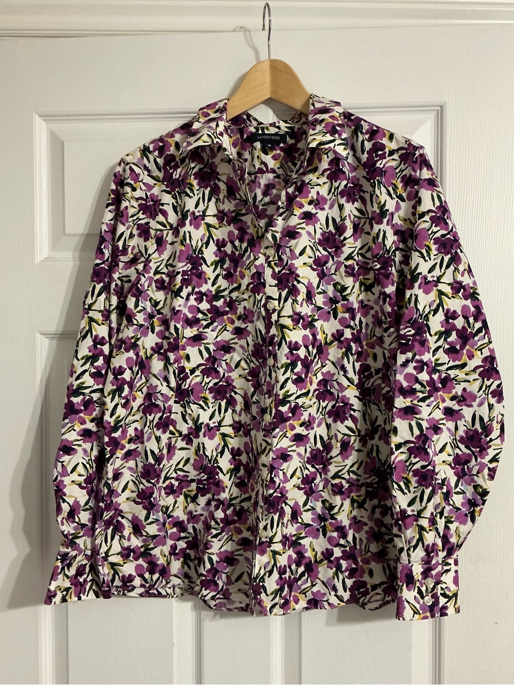 Lands' End Plus Sized Supima Cotton Purple Floral Button-Up Shirt